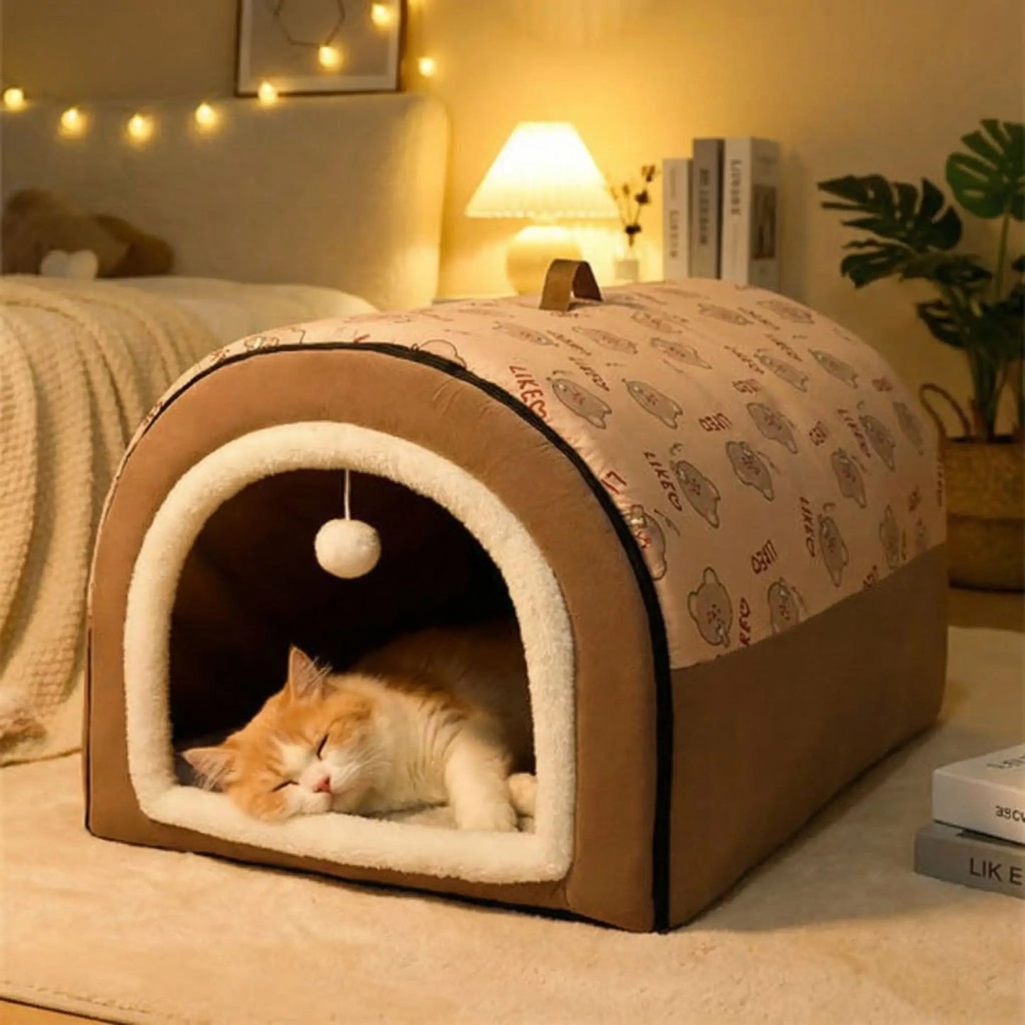 couchage pour chat tapis lampe livre guirlande plante