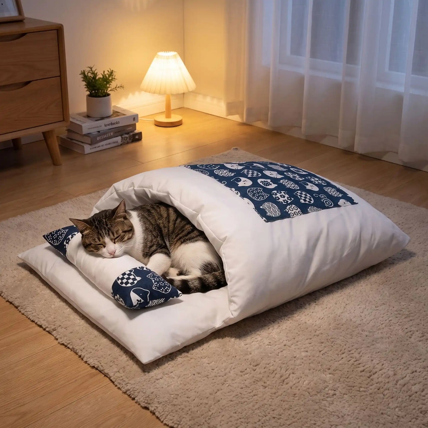 couchage pour chat lampe tapis livre rideaux