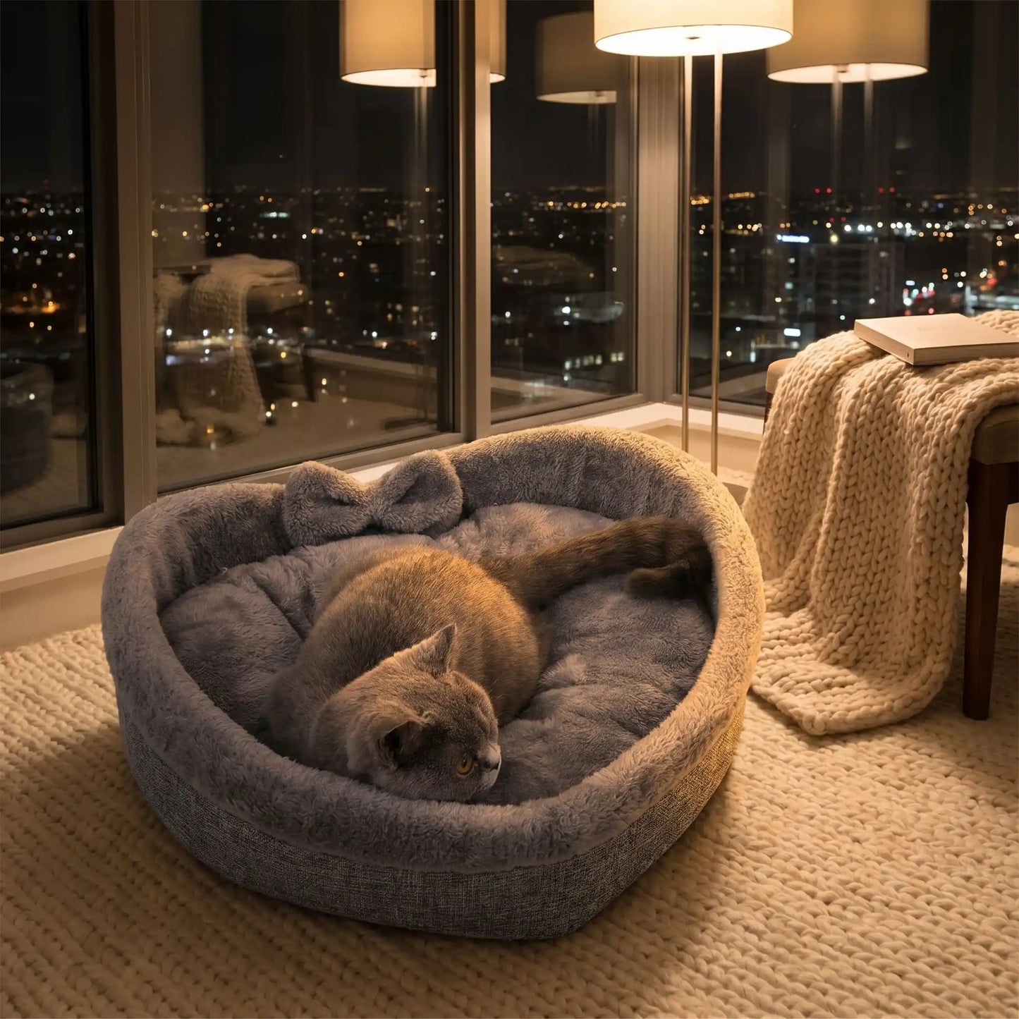 couchage pour chat nuit lampe immeuble tapis couverture