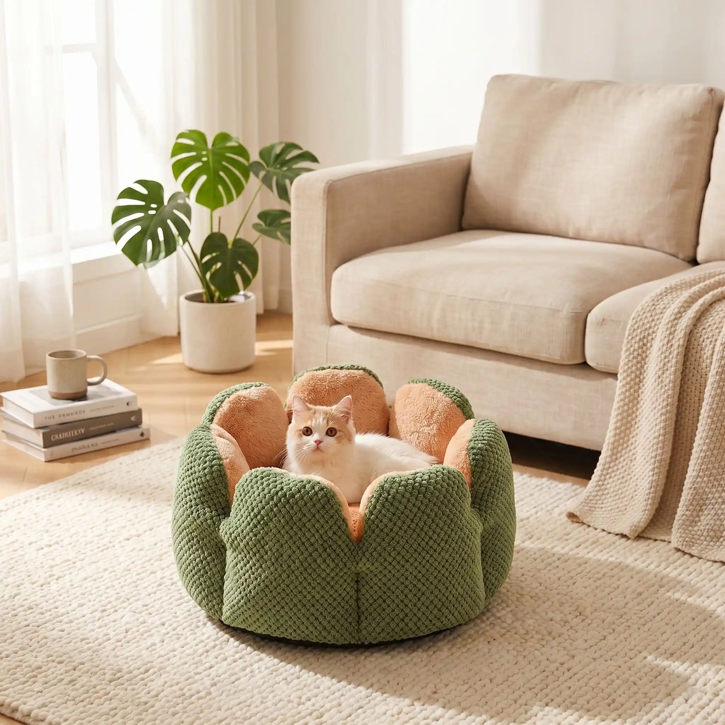 couchage pour chat plante verte tapis mug livre