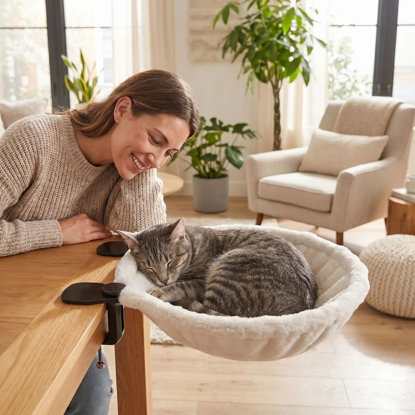 hamac chat femme souriante fauteuil plante table marron