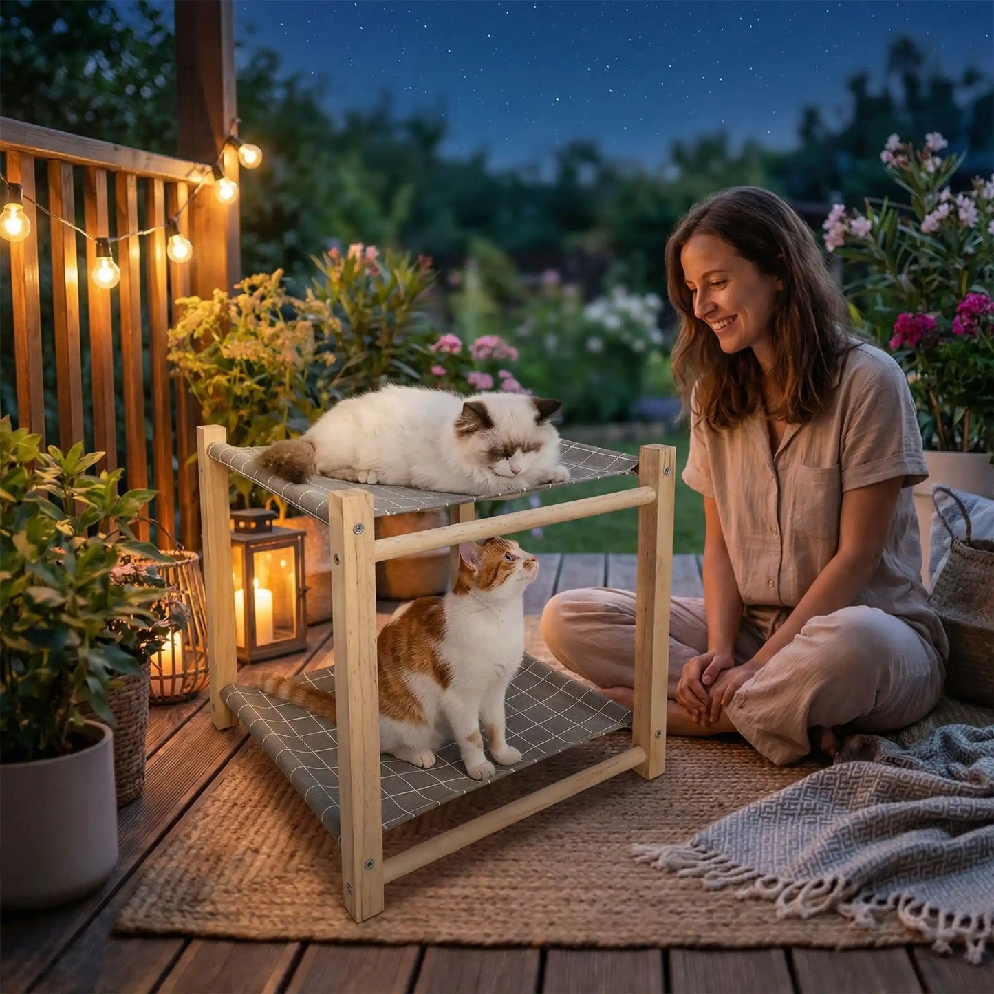 hamac pour chat femme souriante guirlande fleur tapis