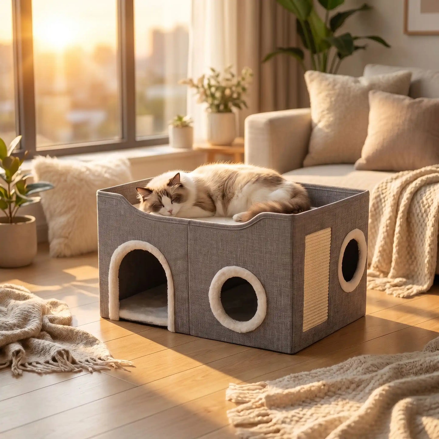 maison pour chats coussin blanc chat dors immeuble