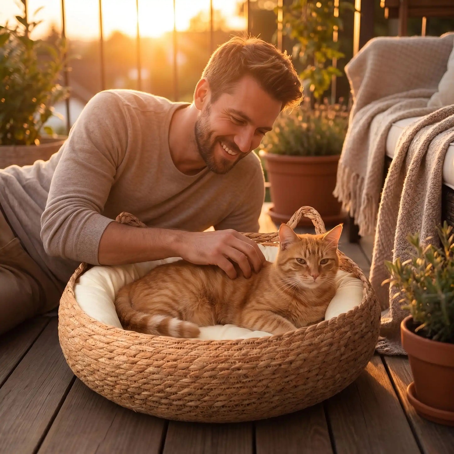panier chat homme caresse chat soleil plante verte