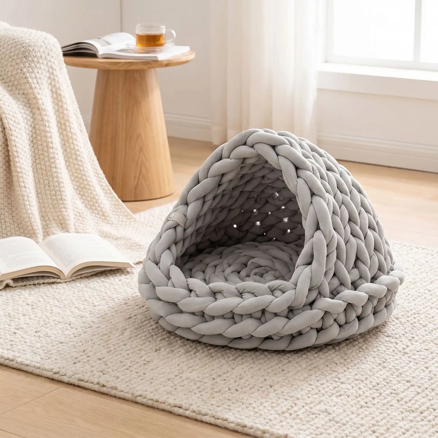 panier pour chat gris tapis blanc livre ouvert