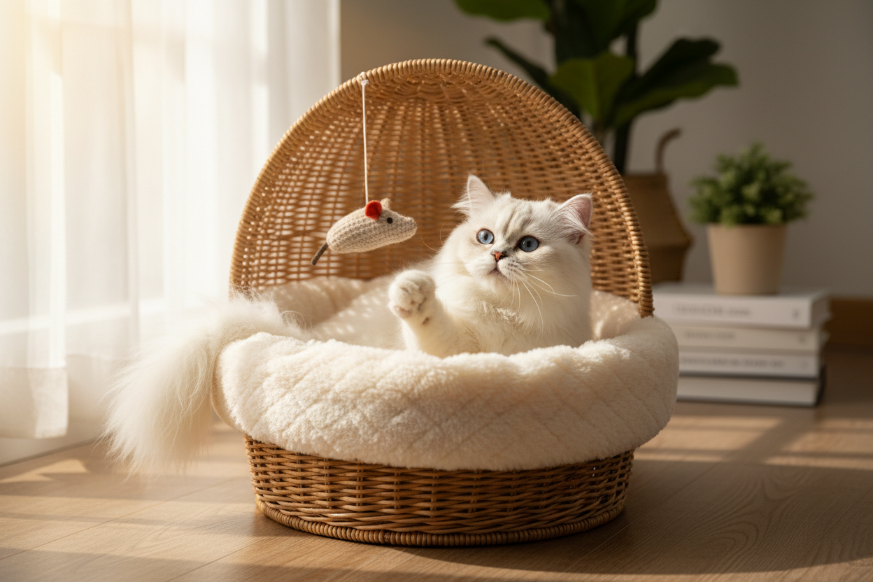 chat blanc qui joue dans son panier