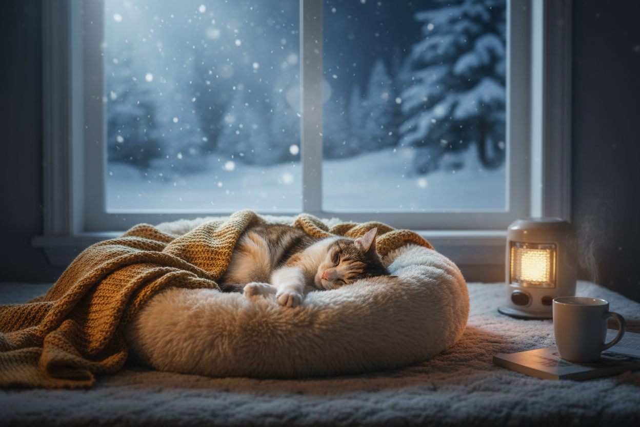 chat qui dort dans son panier d'une nuit d'hiver