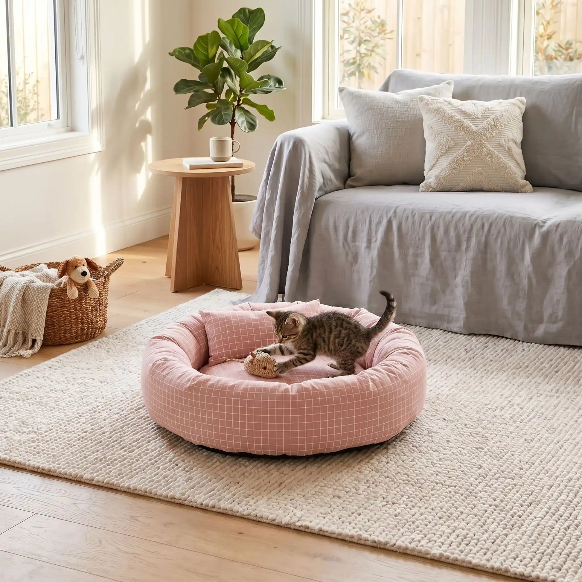 couchage pour chat bengal  joue peluche coussin blanc tapis