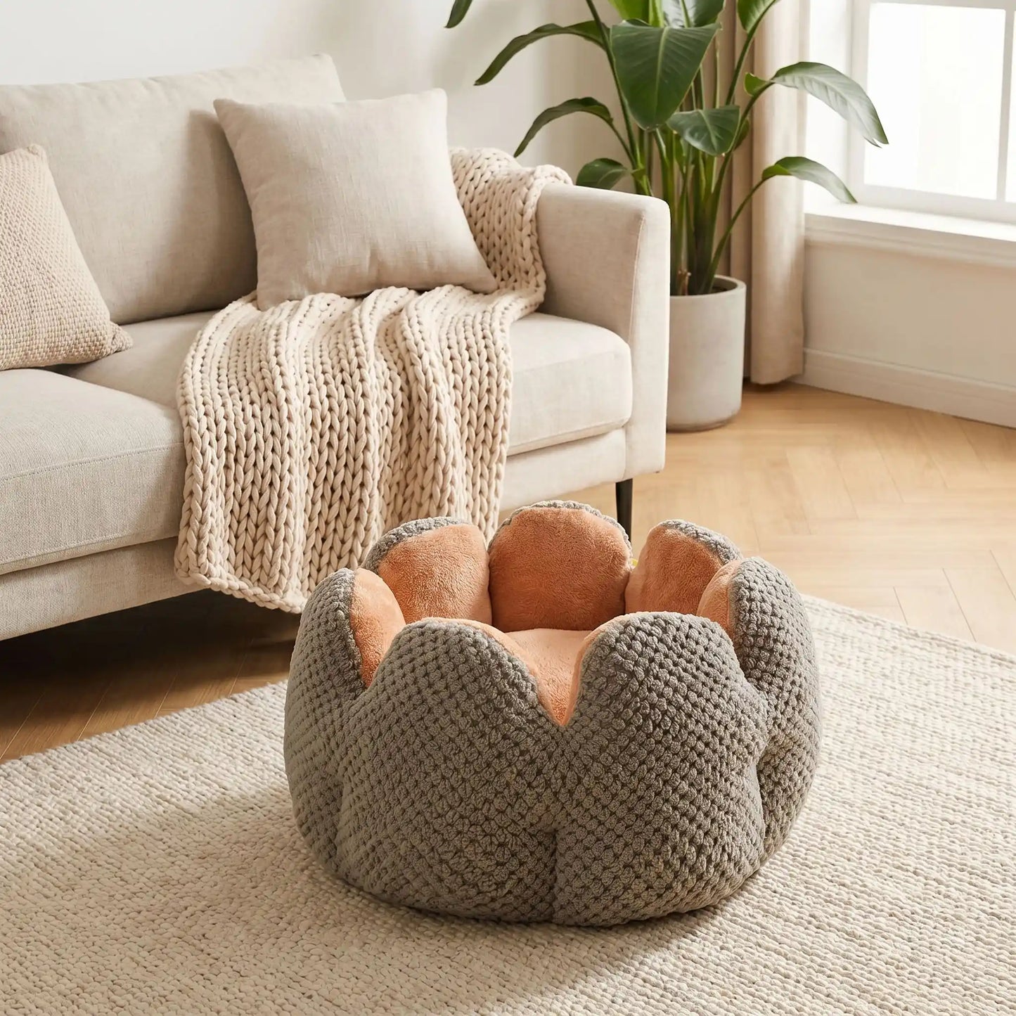 couchage pour chat couleur gris coussin blanc couverture