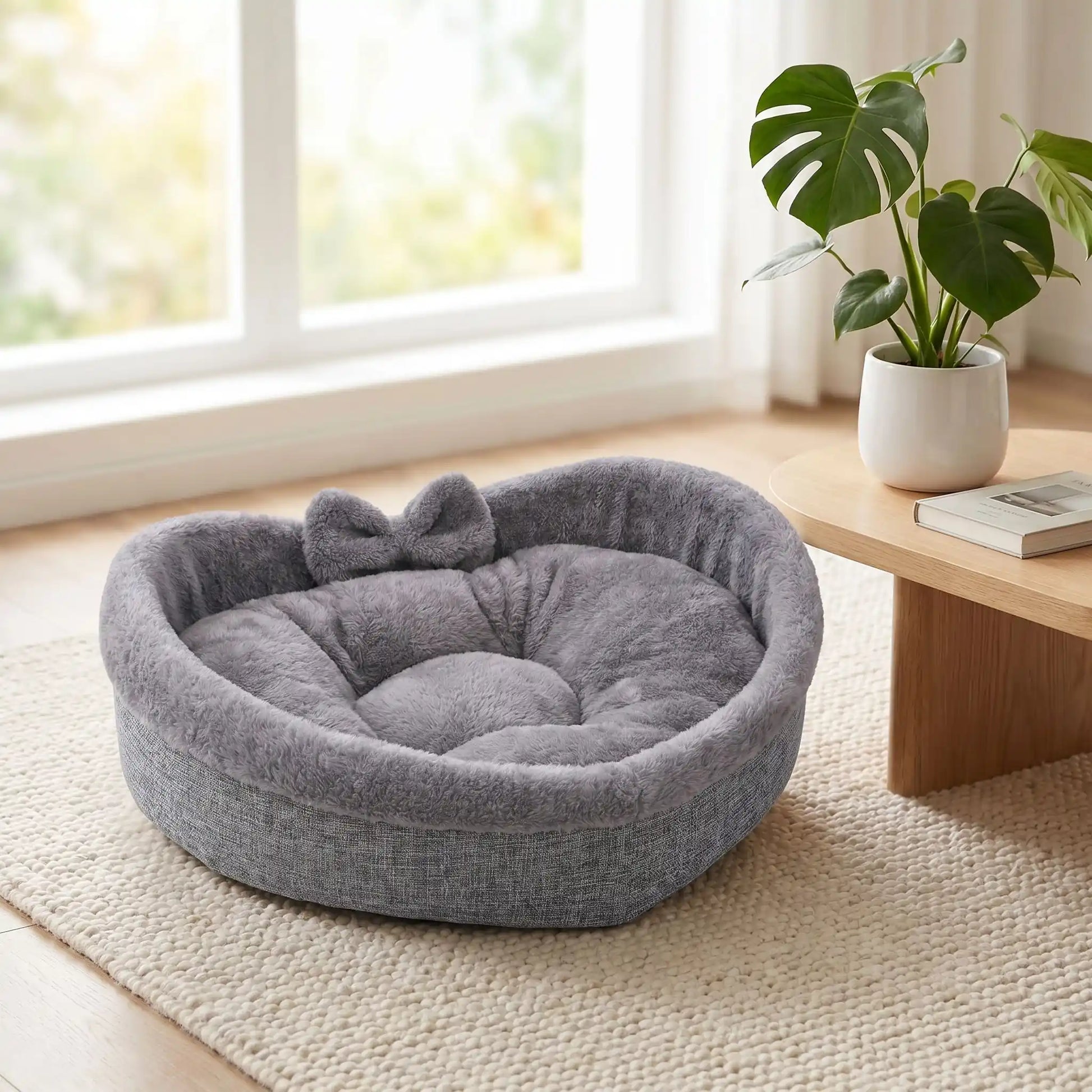 couchage pour chat couleur gris tapis livre plante