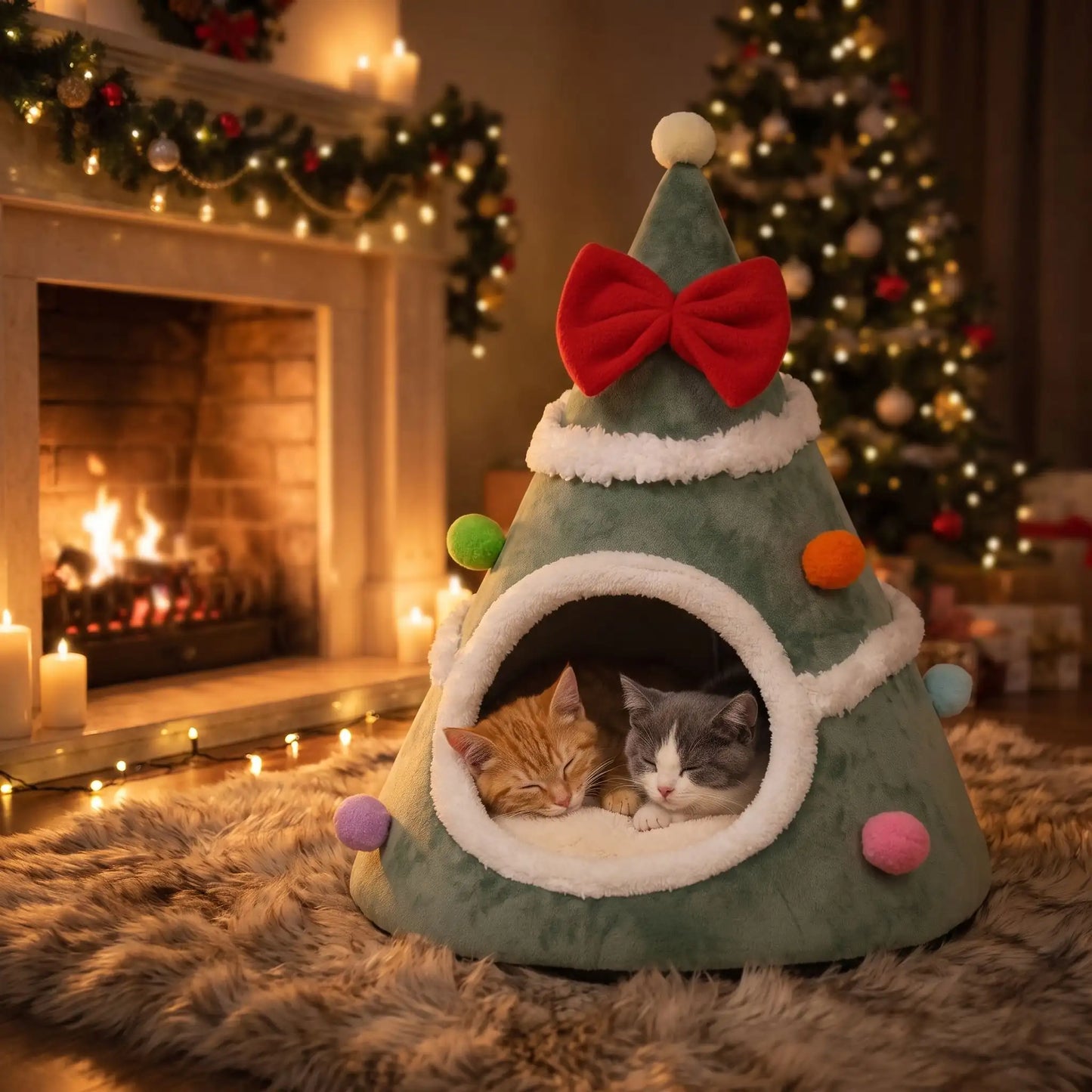 couchage pour chat couleur vert guirlande bougie