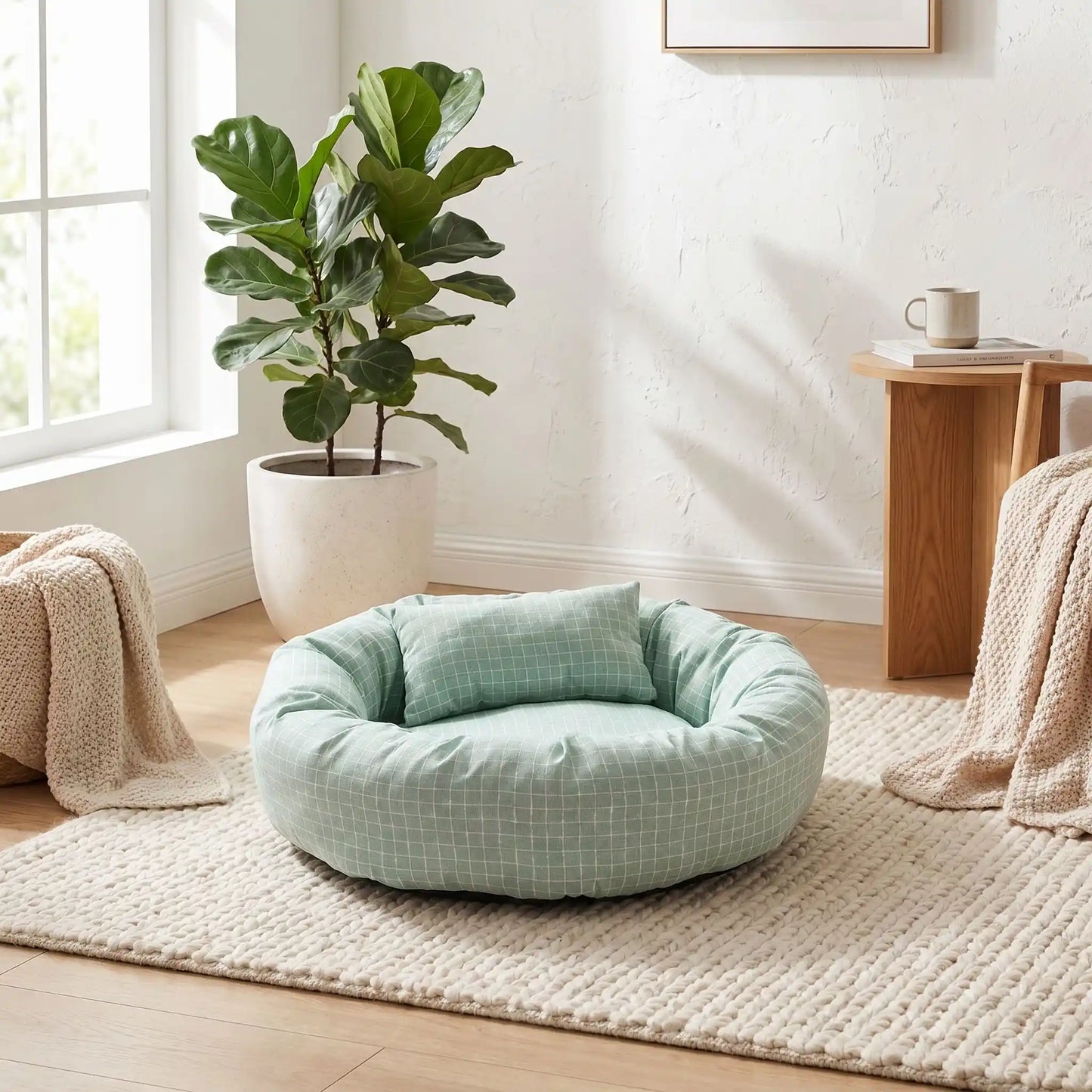 couchage pour chat couleur vert mug tapis blanc