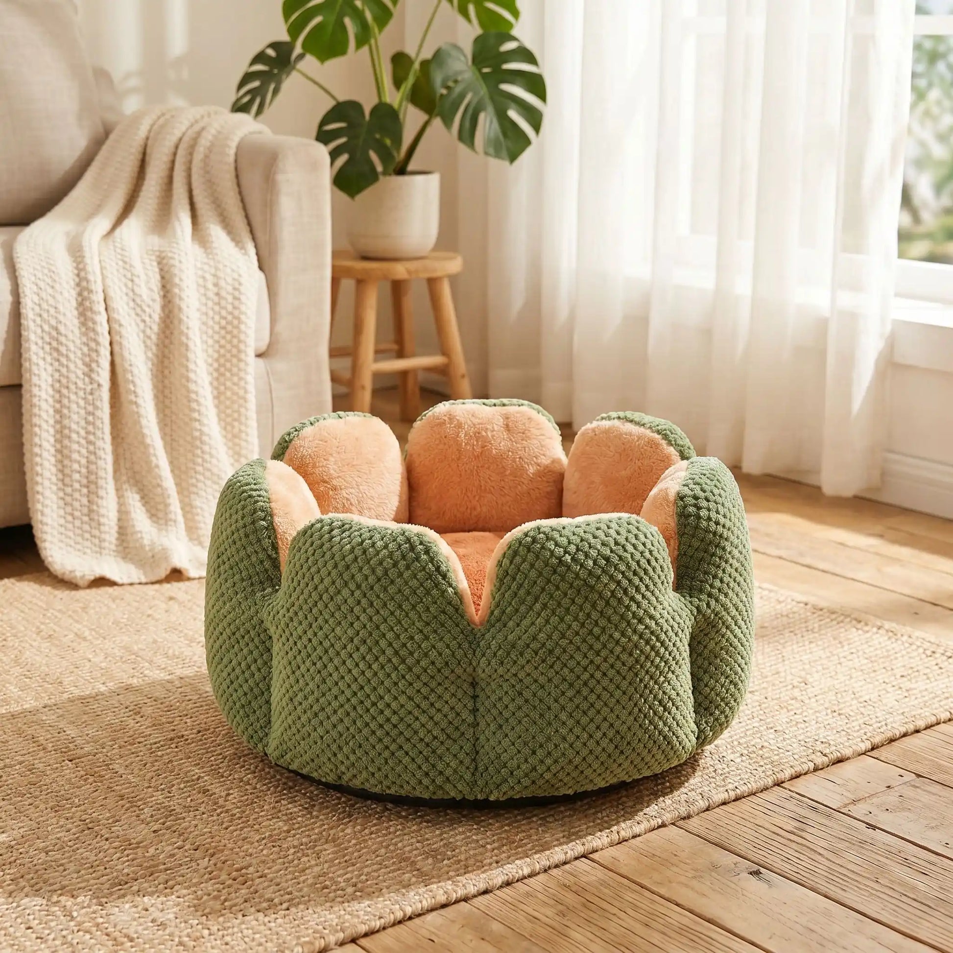 couchage pour chat couleur vert tapis rideaux blanc