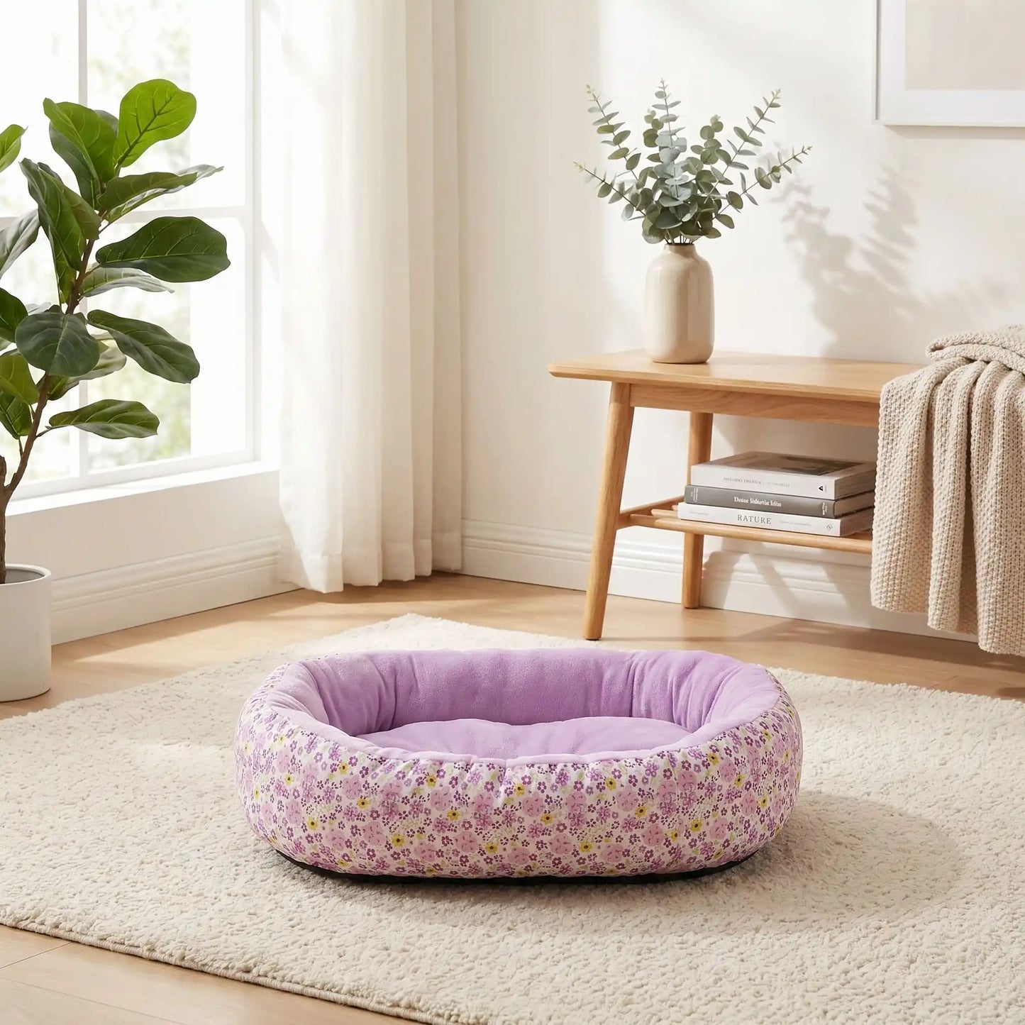 couchage pour chat couleur violet tapis plante livre