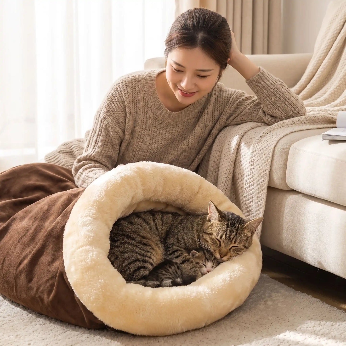 couchage pour chat femme chaton dors rideaux blanc 