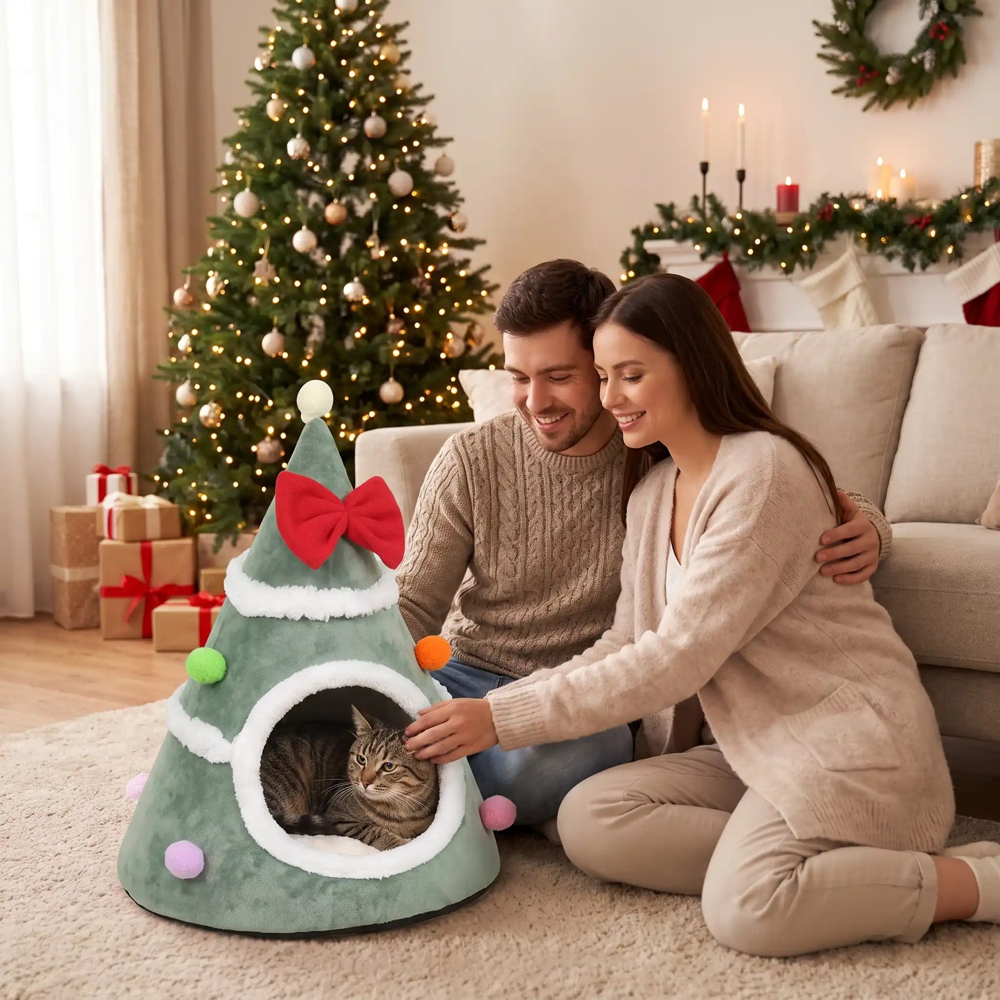 couchage pour chat femme homme caresse chat
