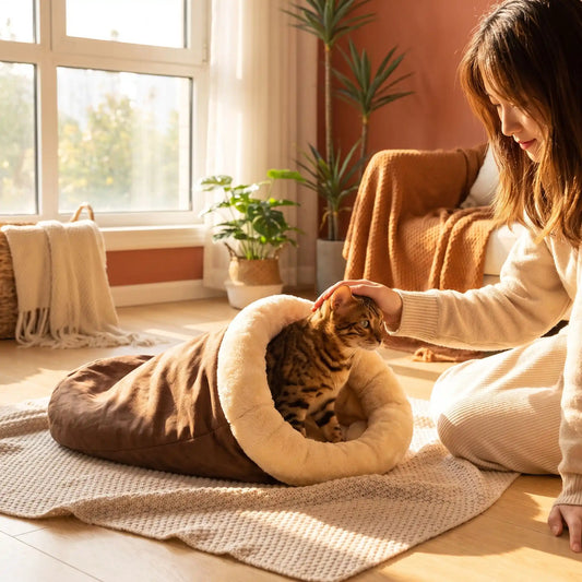couchage pour chat femme souriante caresse bengal