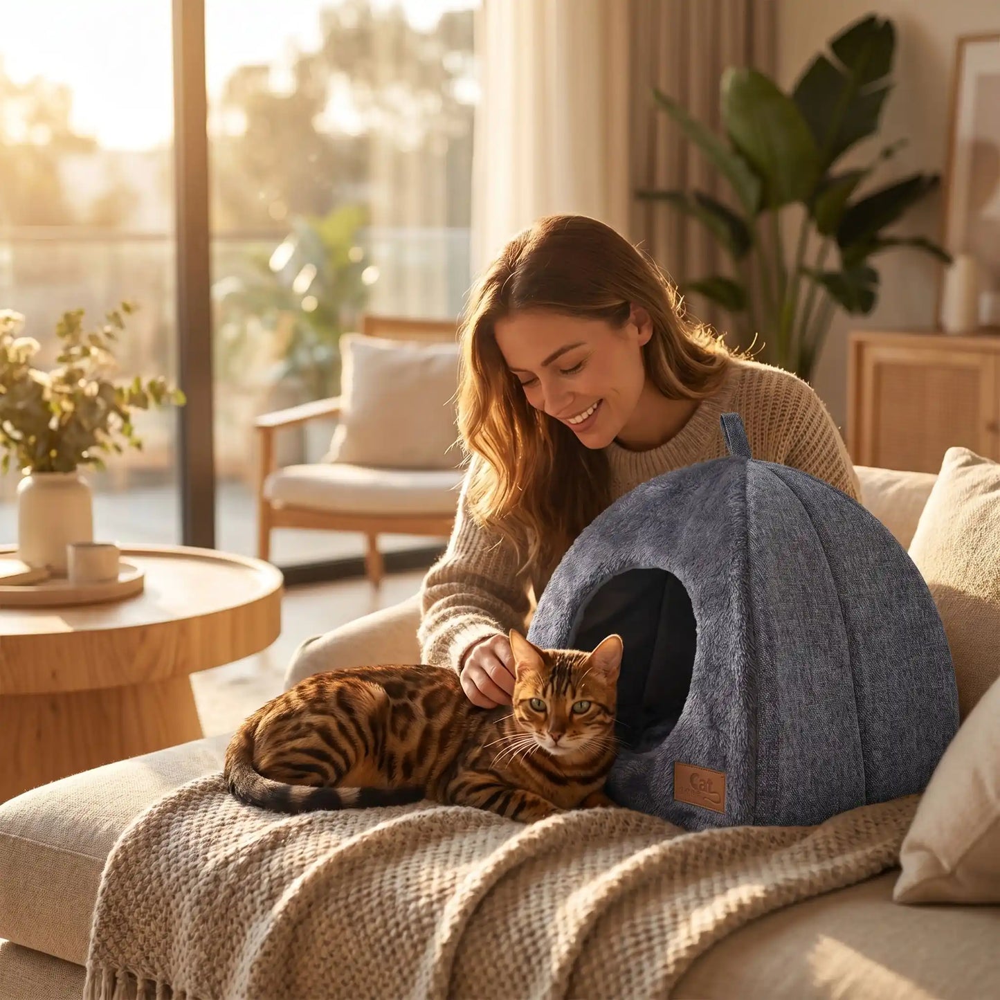couchage pour chat femme souriante caresse chat fauteuil