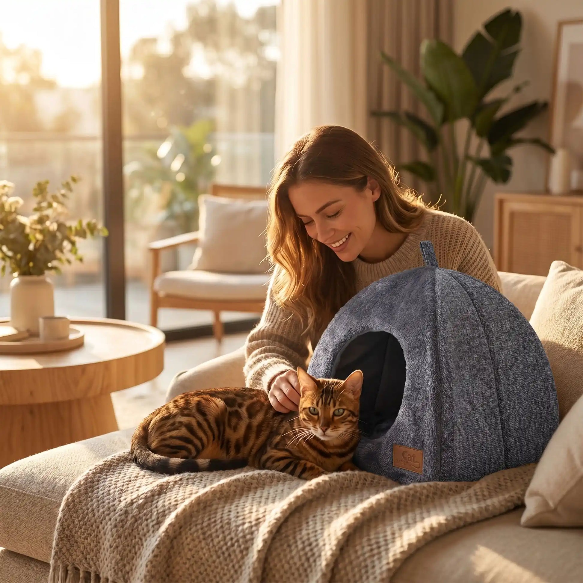 couchage pour chat femme souriante caresse chat fauteuil