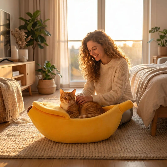 couchage pour chat femme souriante caresse chat lit