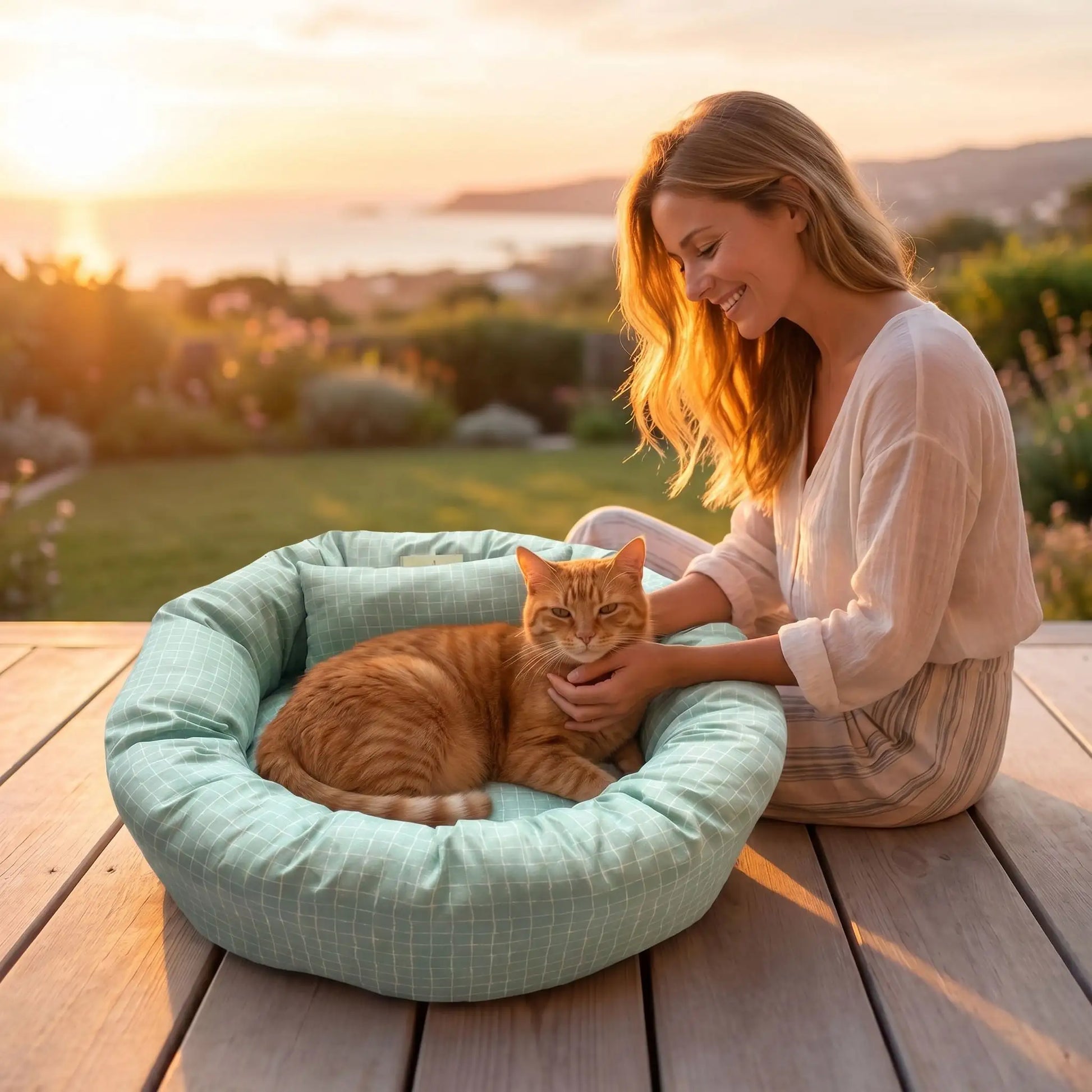 couchage pour chat femme souriante jardin soleil plante