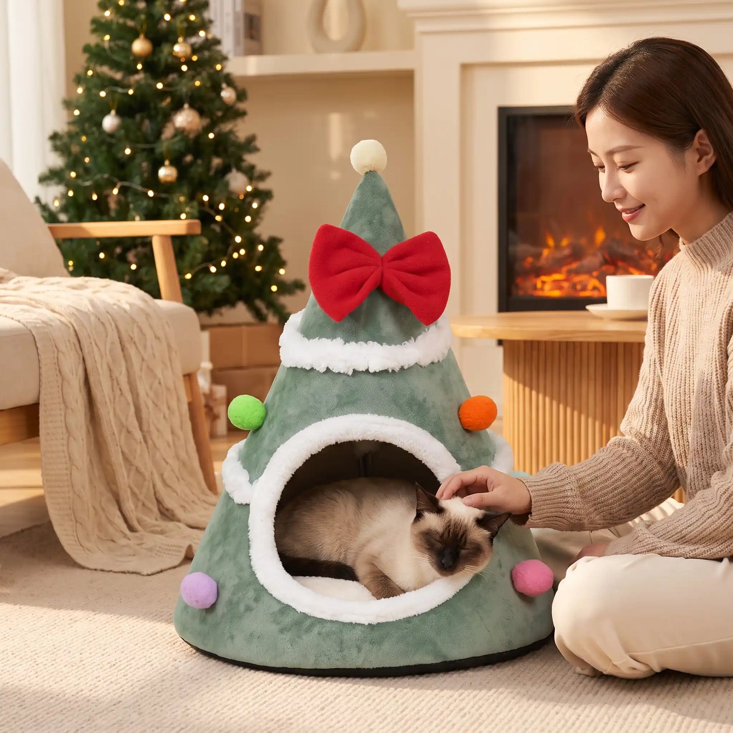 couchage pour chat femme souriante siamois verre