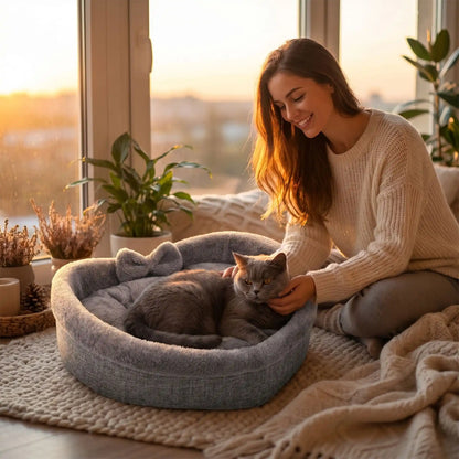couchage pour chat femme souriante soleil tapis blanc