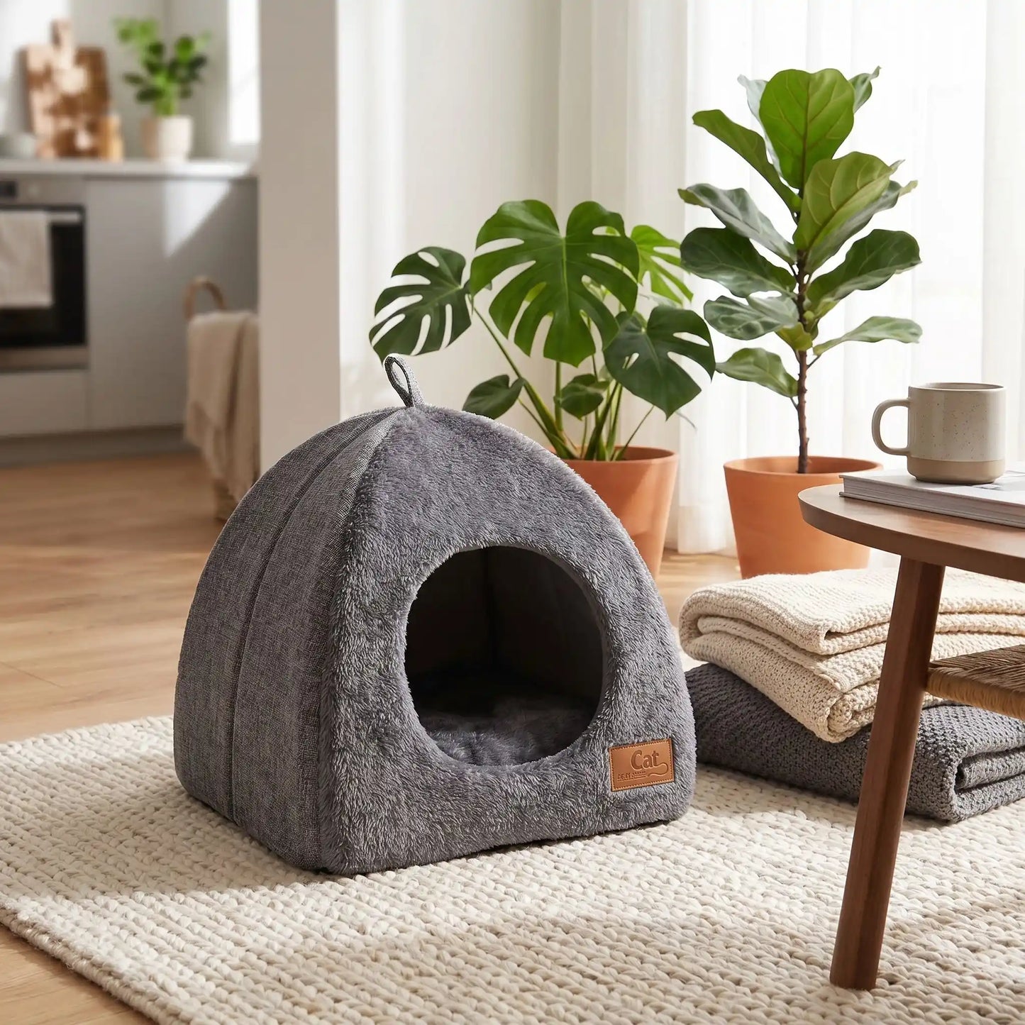 couchage pour chat gris table marron mug tapis