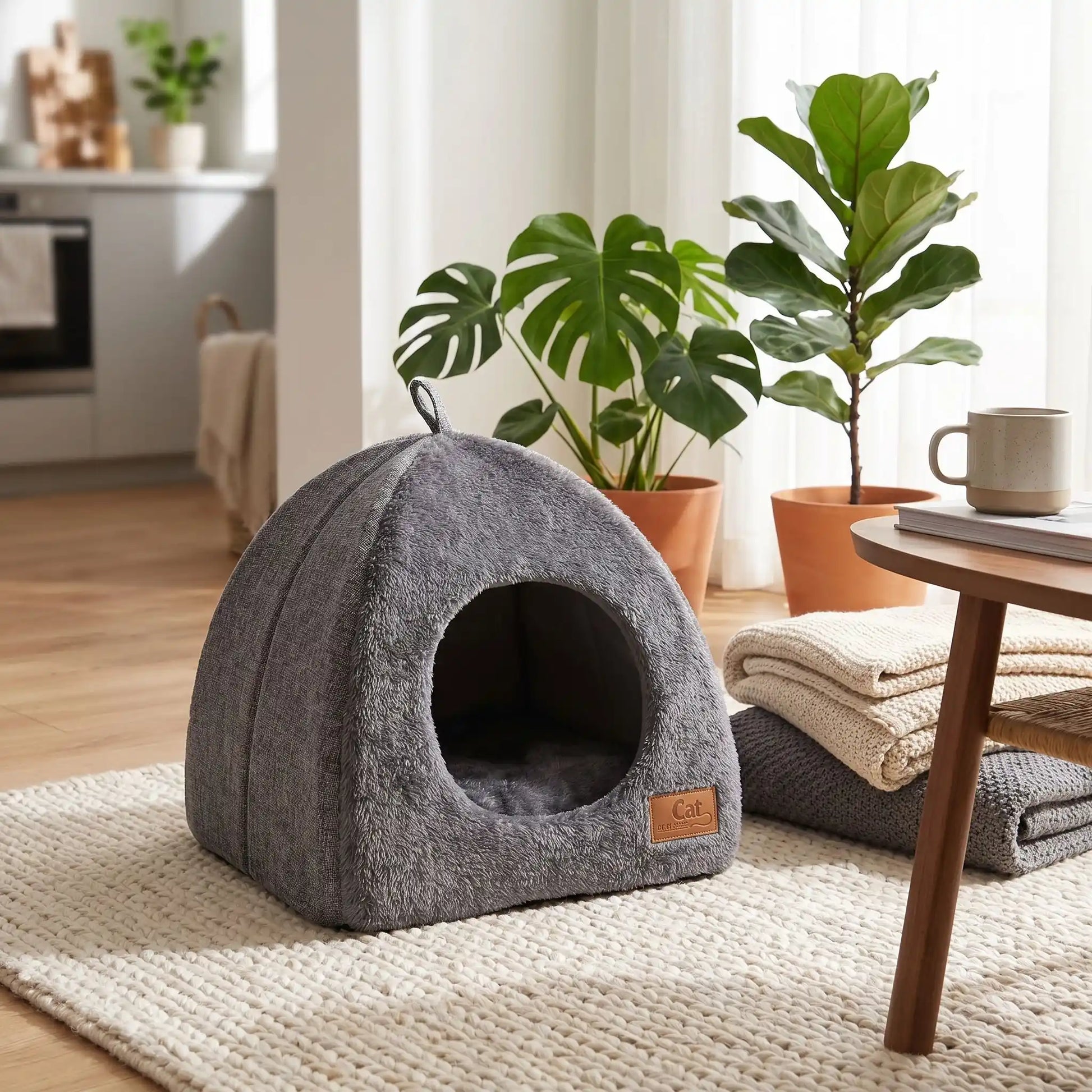 couchage pour chat gris table marron mug tapis