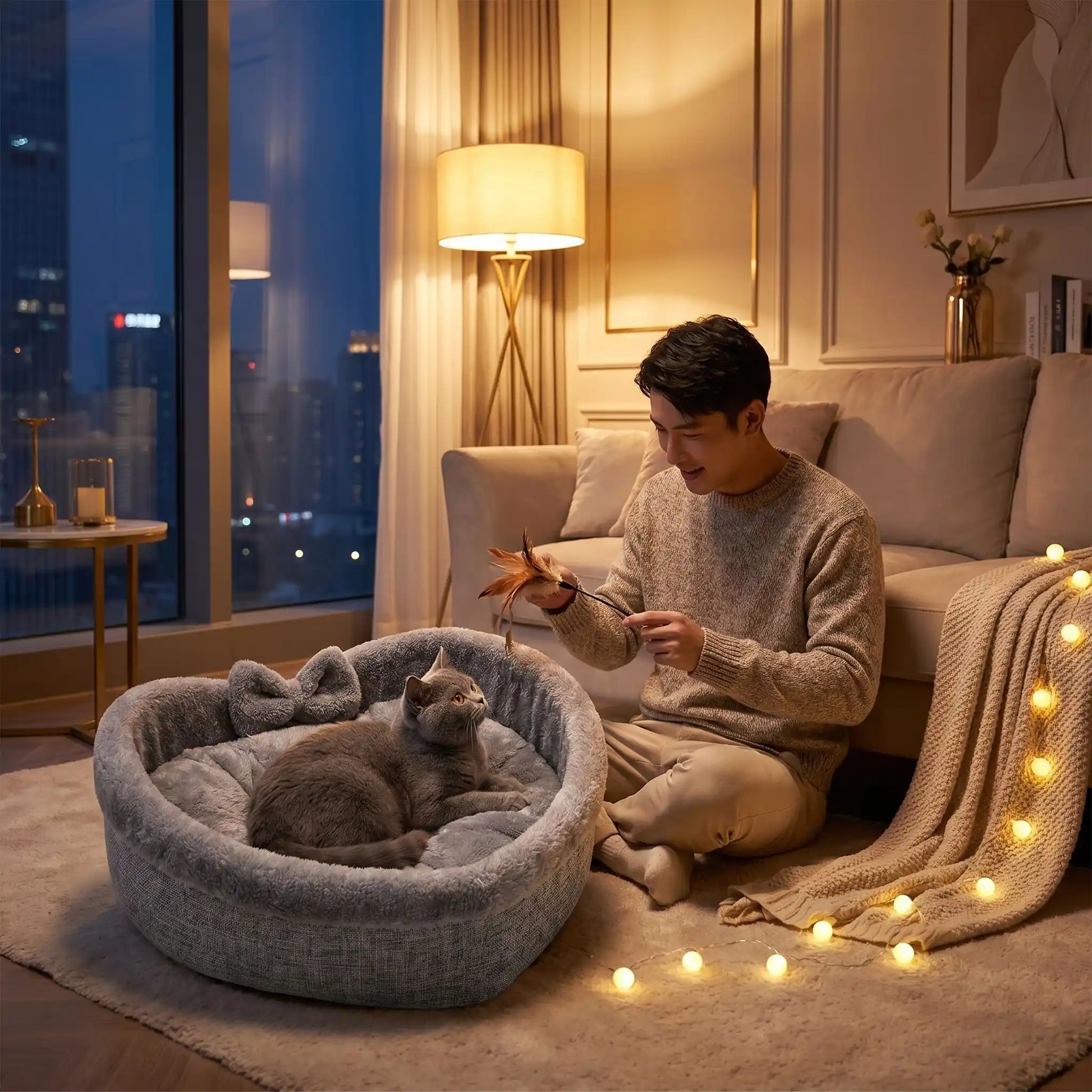 couchage pour chat guirlande lampe homme immeuble tableaux