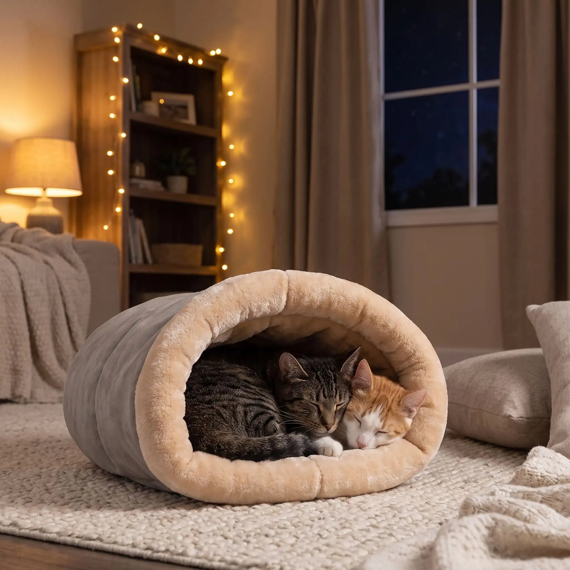 couchage pour chat guirlande lampe rideaux coussin