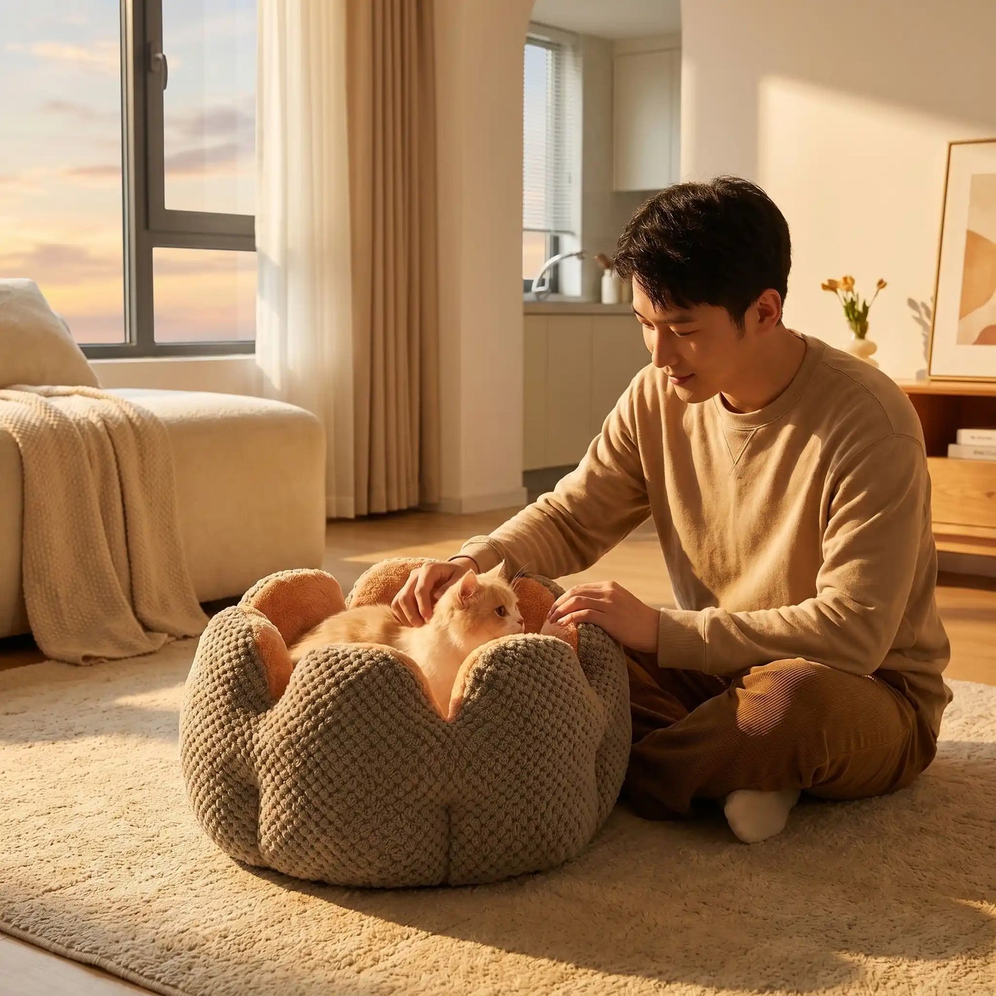 couchage pour chat homme caresse chat tableaux ciel