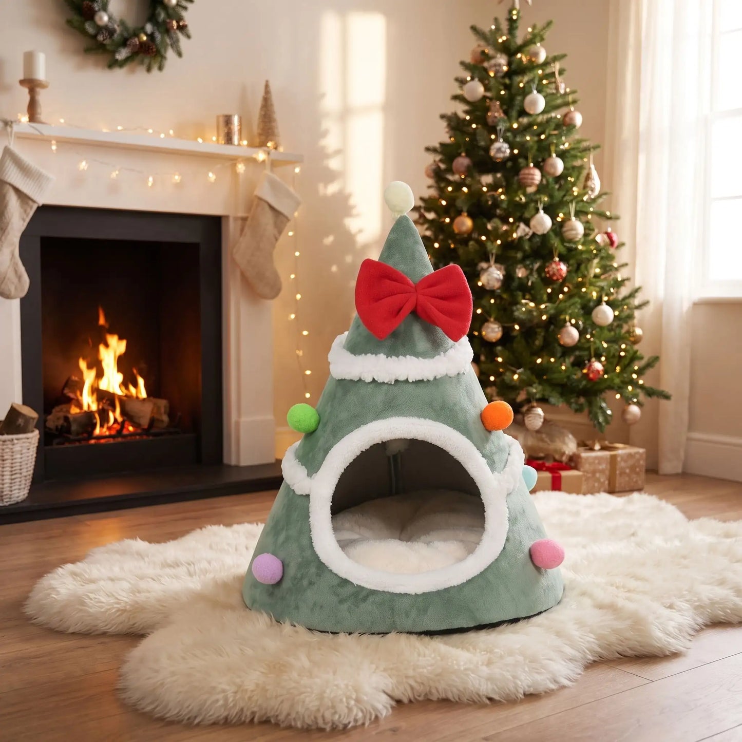 couchage pour chat sapin tapis blanc rideaux