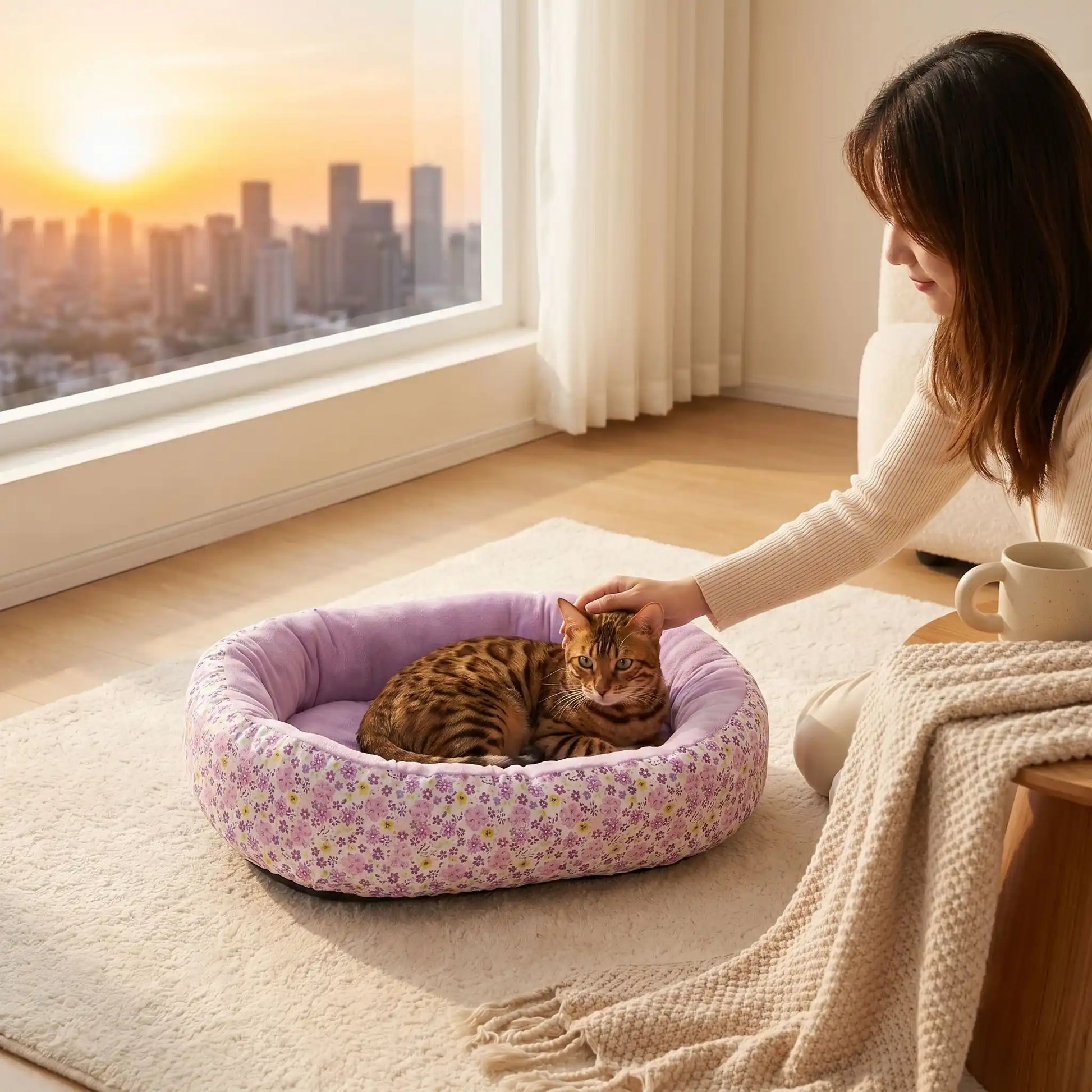couchage pour chat violet femme caresse bengal soleil