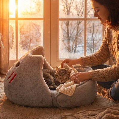 couchages pour chats femme arbre neige
