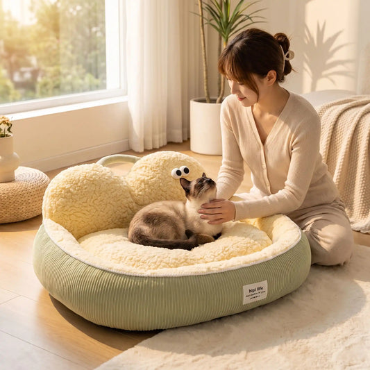 couchages pour chats femme caresse siamois tapis blanc