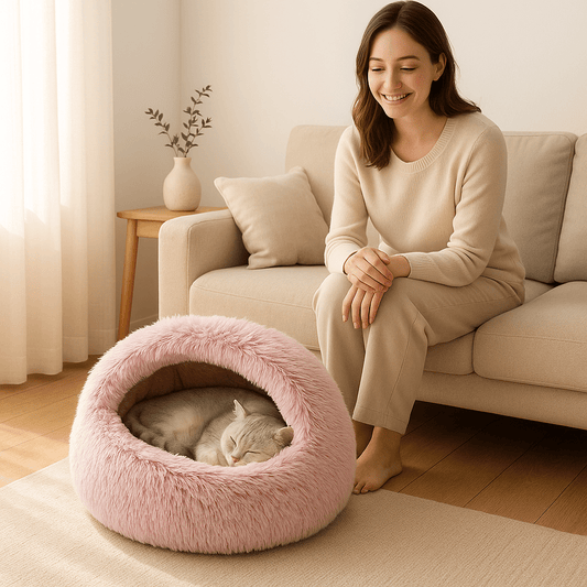 panier chat couleur rose femme sourie tapis blanc