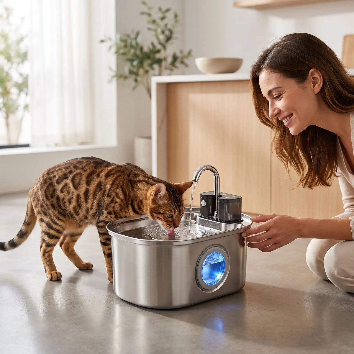 fontaine à eau chat sans fil femme chat bengal