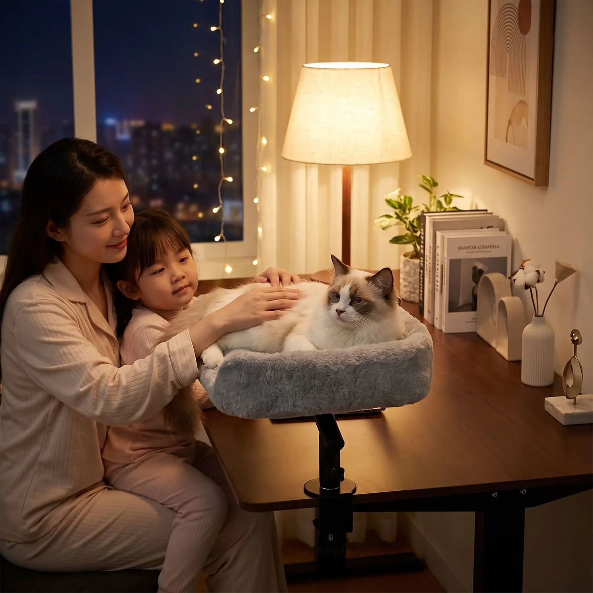 hamac à chat lampe femme petite fille nuit