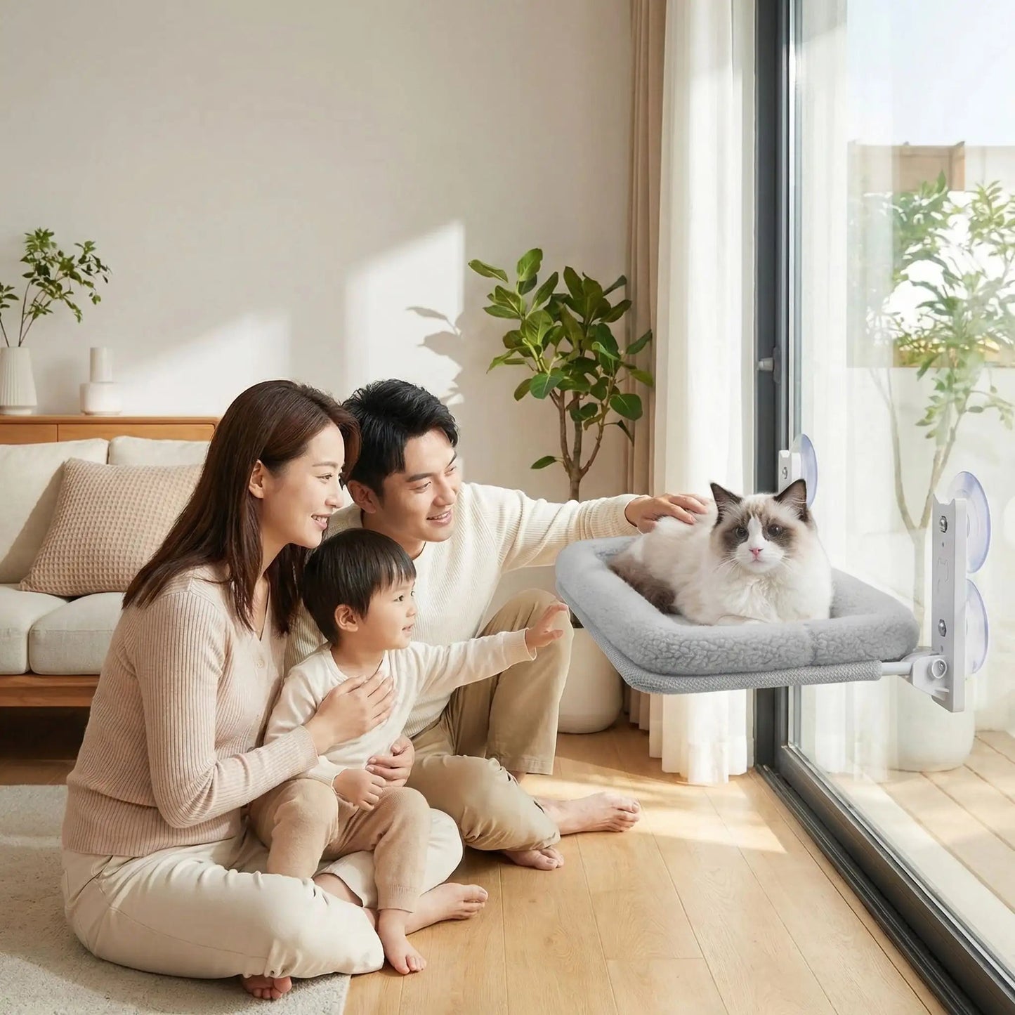 hamac chat famille regarde chat coussin plante tapis blanc