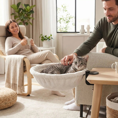 hamac chat femme assise homme caresse chat tapis blanc
