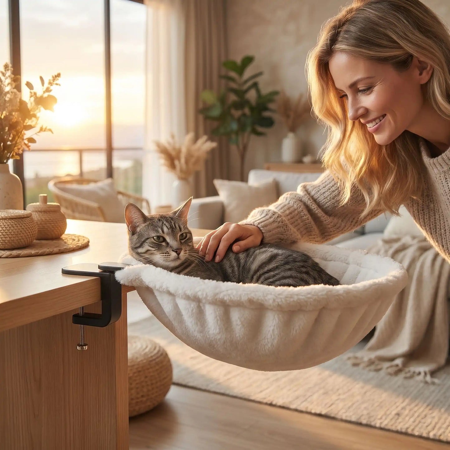 hamac chat femme souriante caresse chat plante tapis