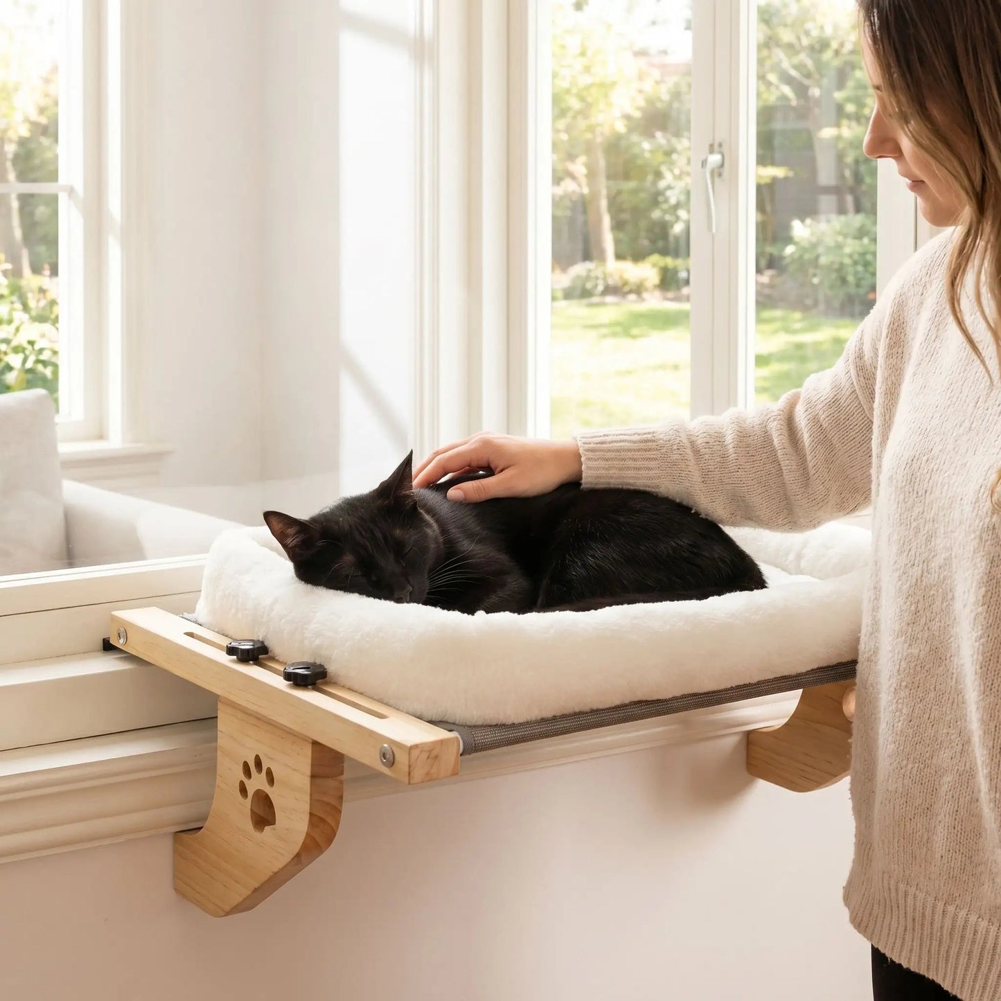 hamac chat fenetre femme caresse chat noir jardin