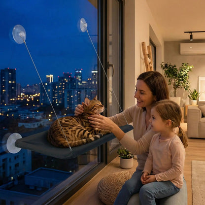 hamac chat fenetre femme petite filles nuit plante