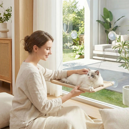hamac chat fenetre femme souriante coussin pelouse plante