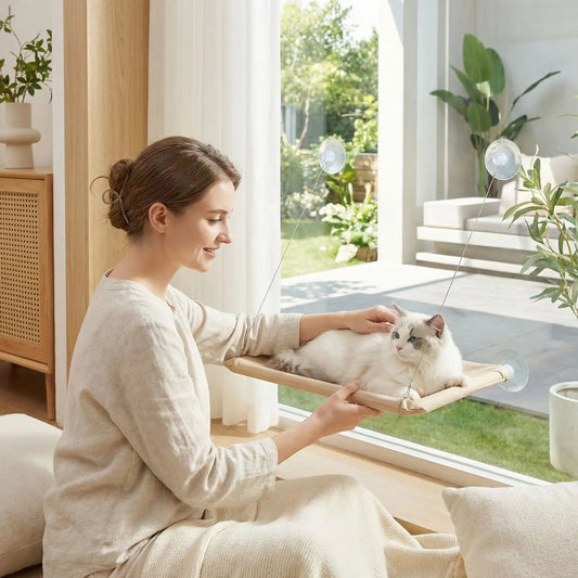 hamac chat fenetre femme souriante coussin pelouse plante