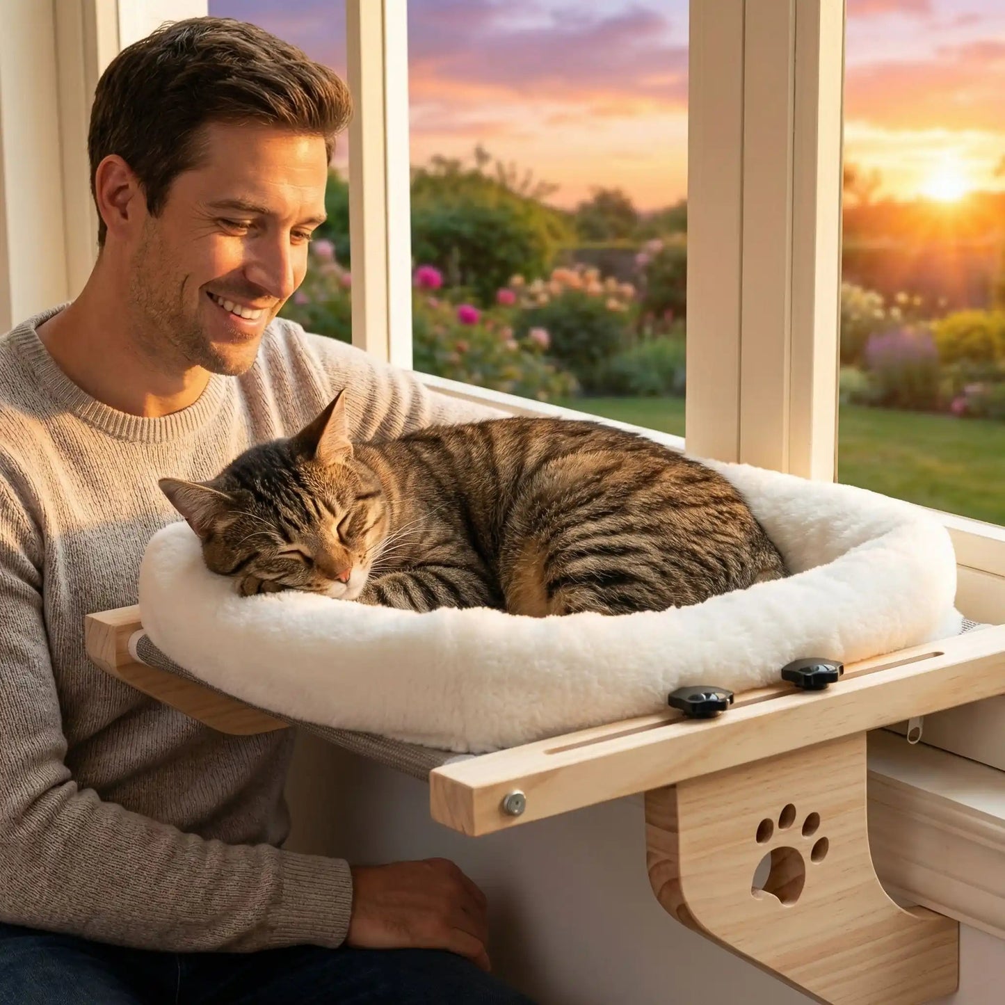 hamac chat fenetre homme souriant caresse bengal soleil