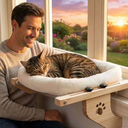 hamac chat fenetre homme souriant caresse bengal soleil