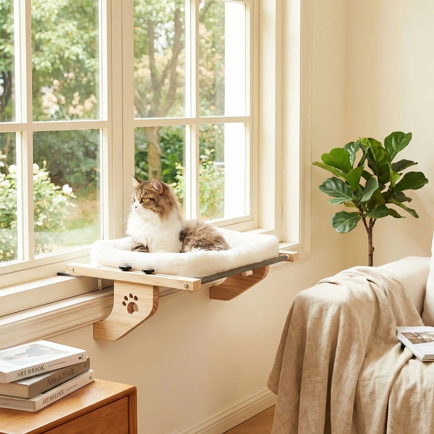hamac chat fenetre livre arbre plante verte meuble