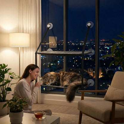 hamac chat fenetre nuit batiment lampe plante table